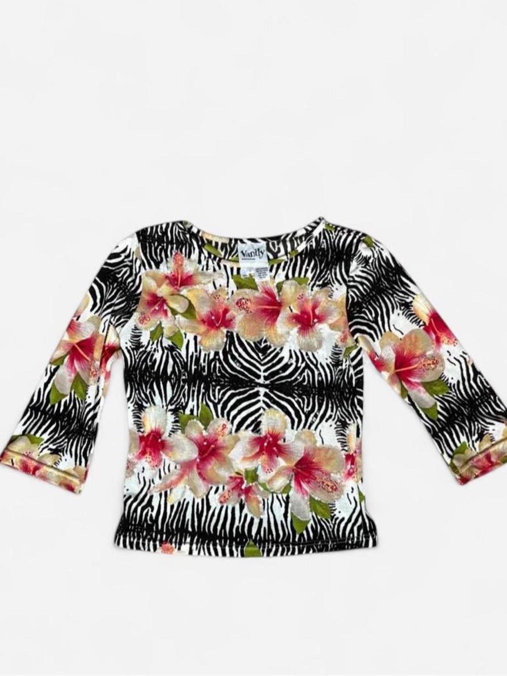 Vintage Y2K Vanity Black Zebra hibiscus sequin top